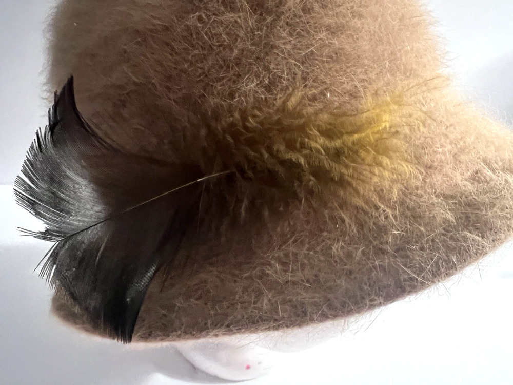 Womens Tan Angora & Wool Blend Feathered Bucket Hat M/I France Vintage